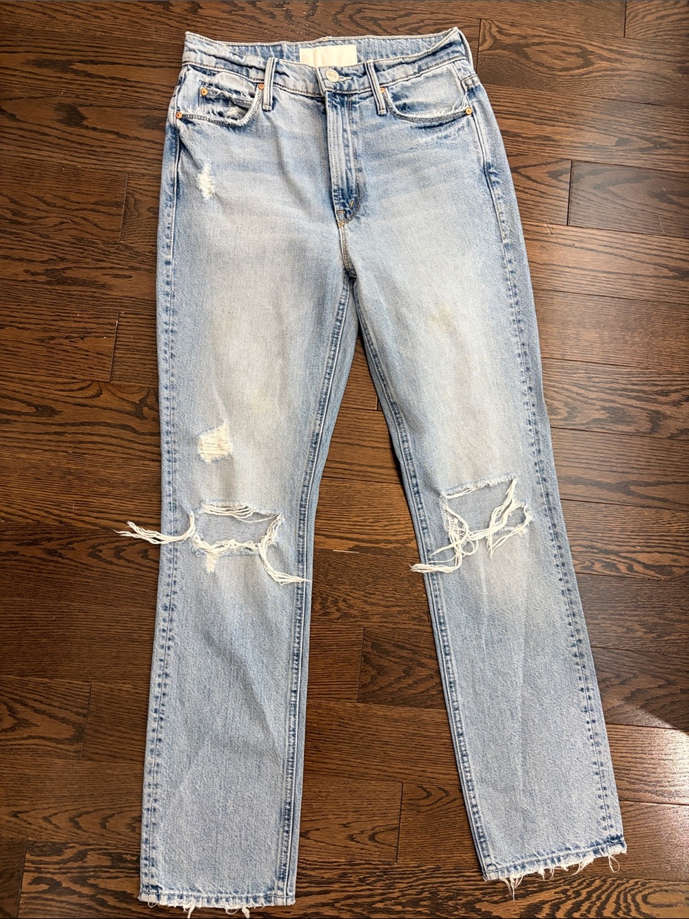 MOTHER Light Blue Distressed Straight-Leg Jeans